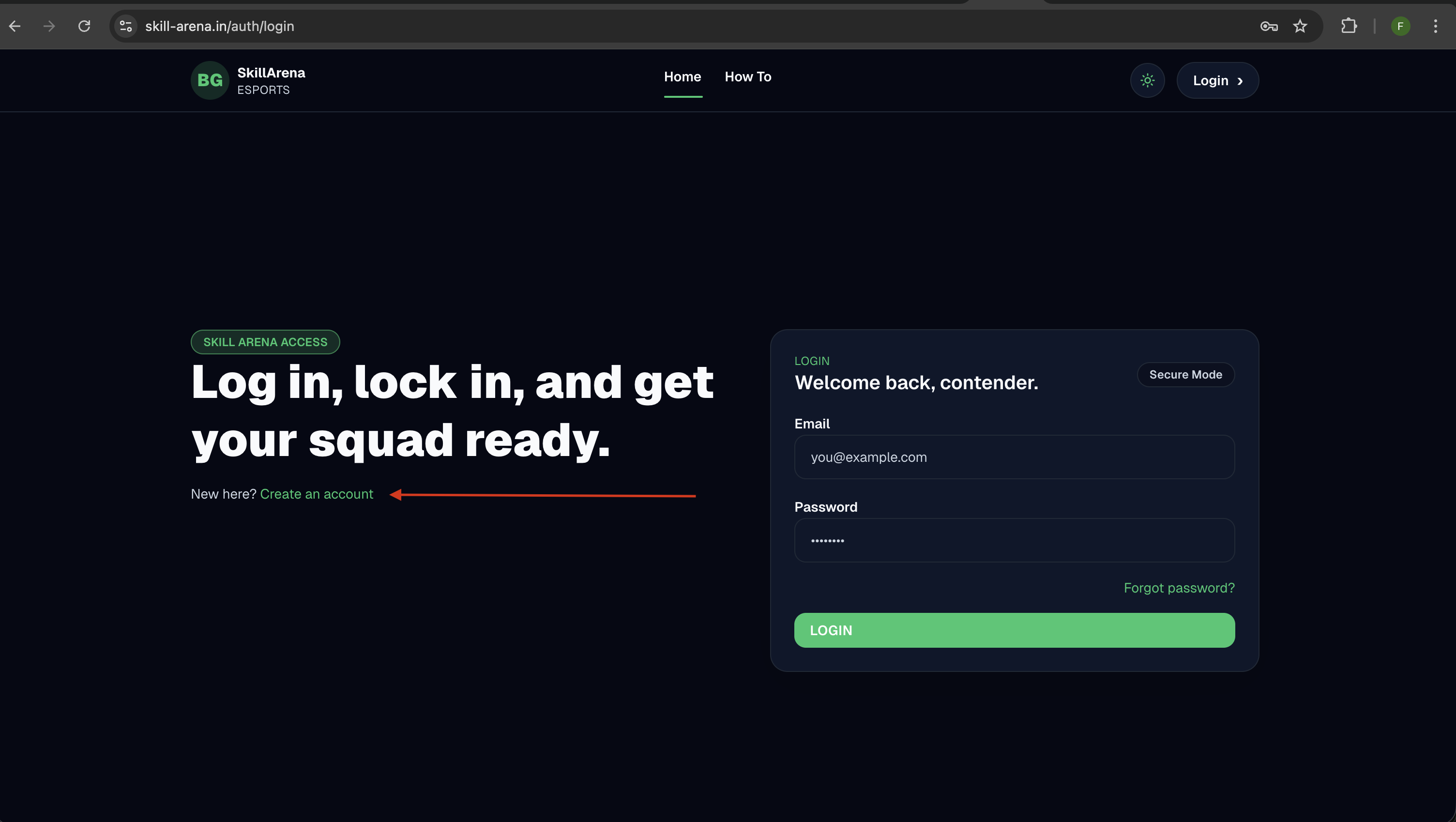 Login page highlighting the Create an account link.