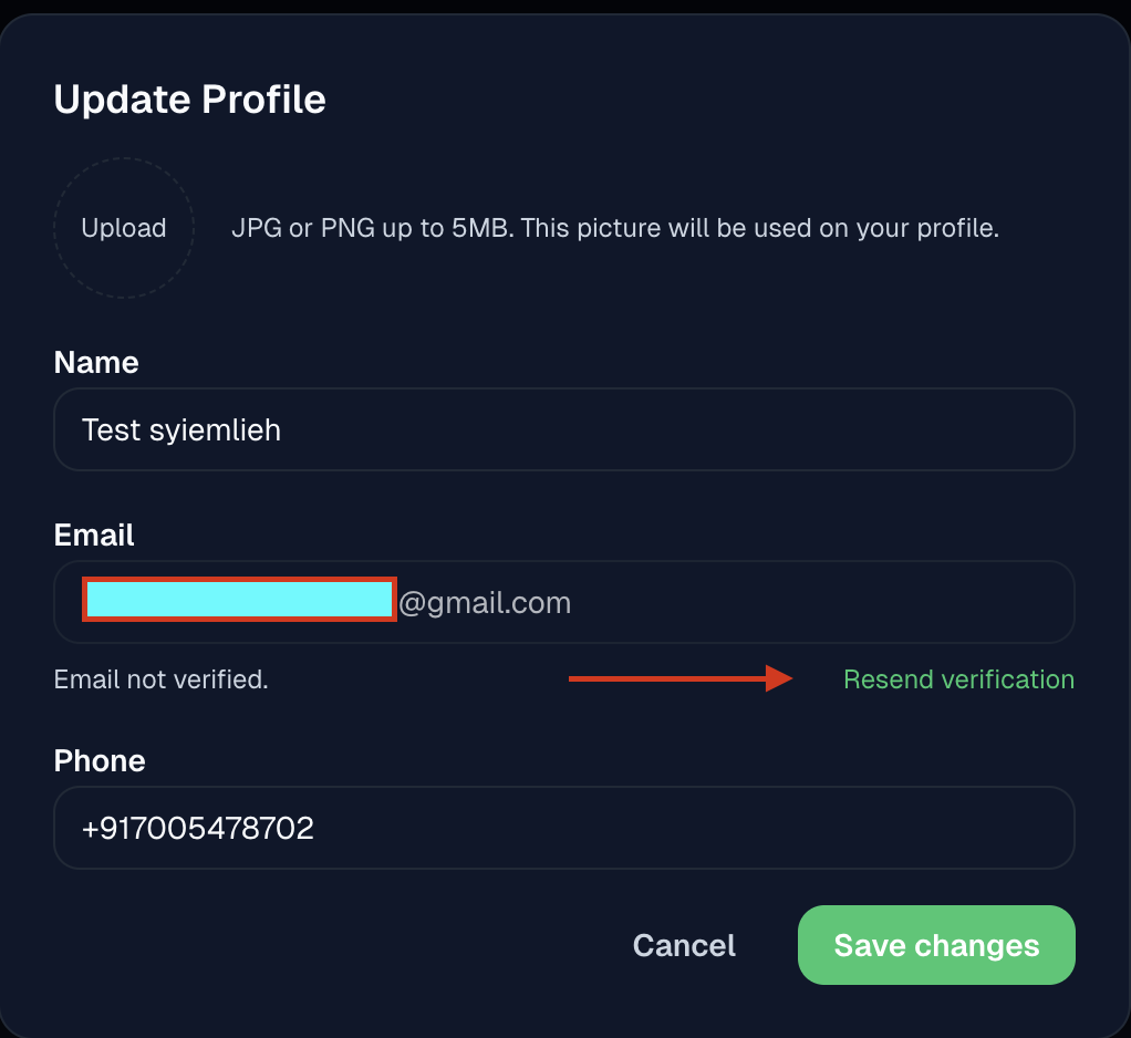 Profile modal showing the resend verification option.