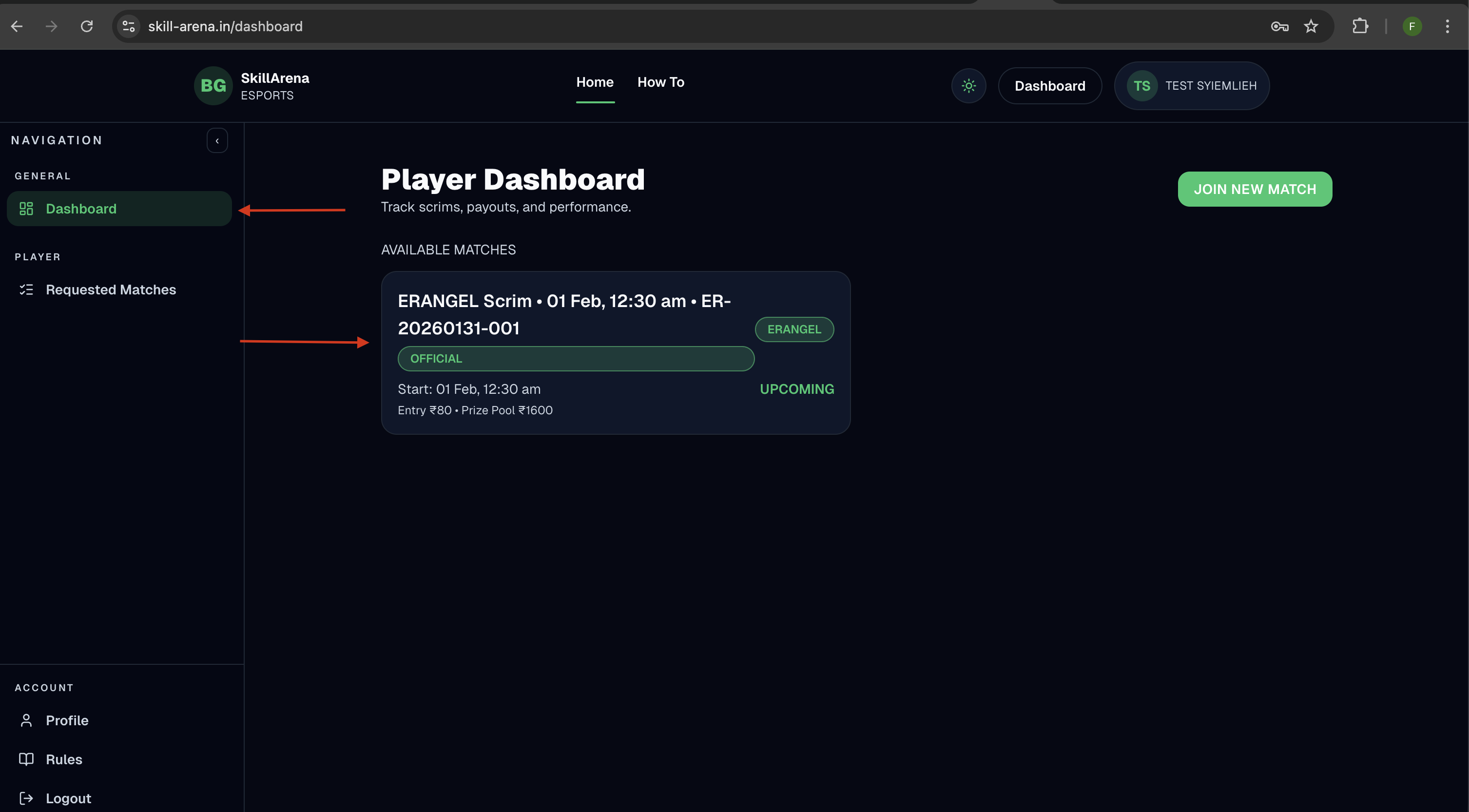 Player dashboard highlighting an available match card.
