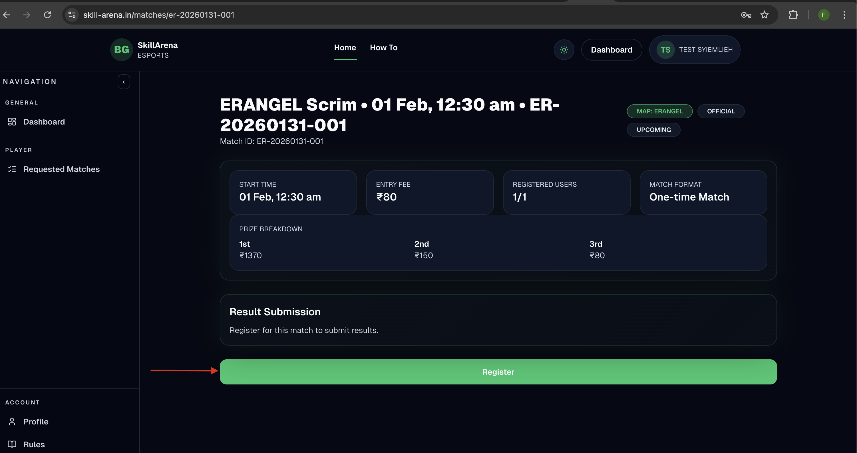 Match page with the Register button highlighted.