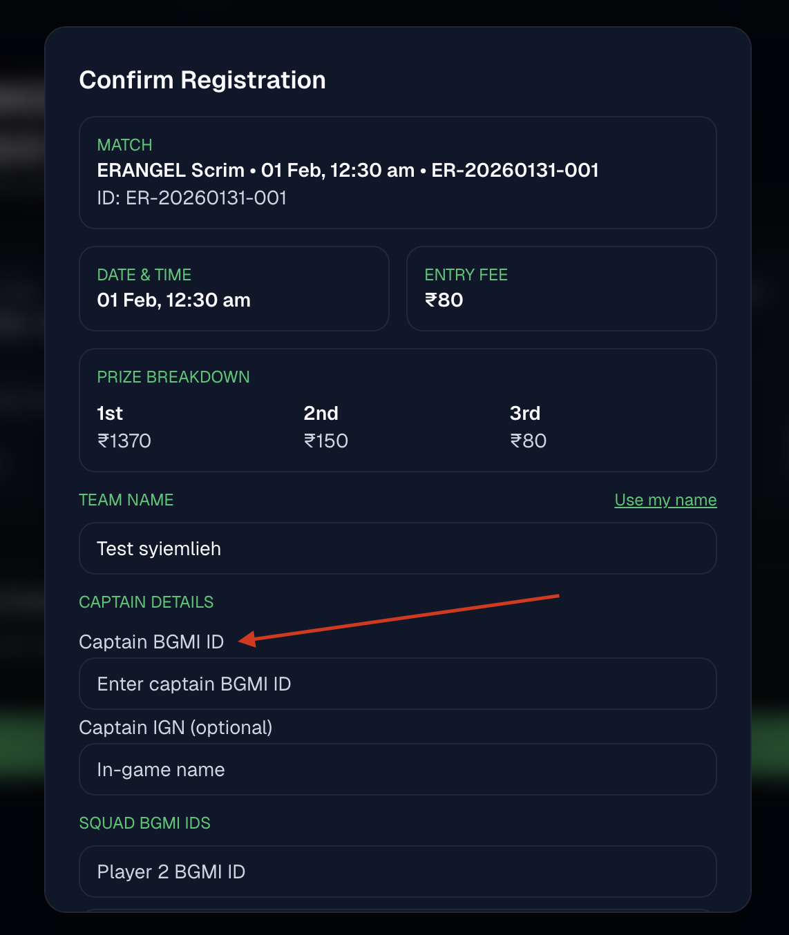 Registration form highlighting the captain BGMI ID field.