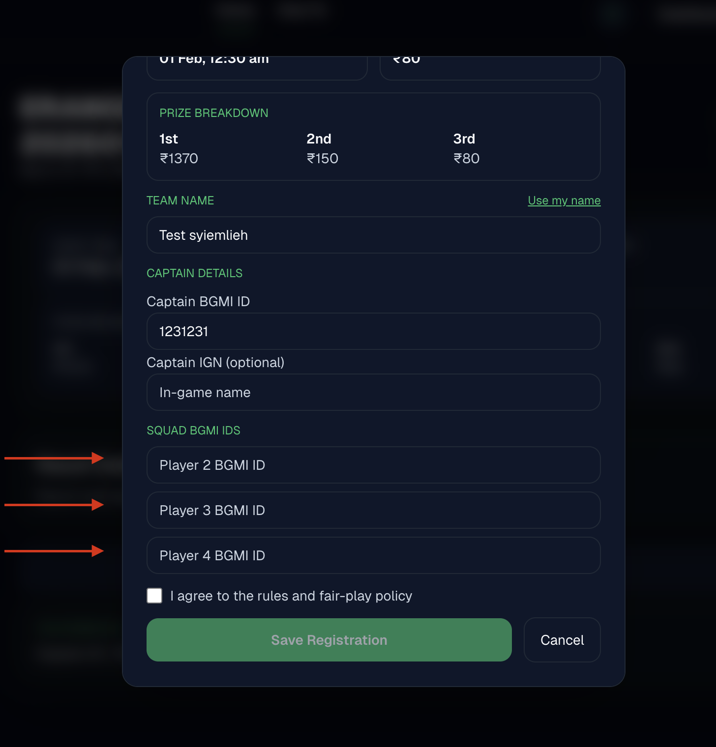 Registration form showing squad BGMI ID fields.