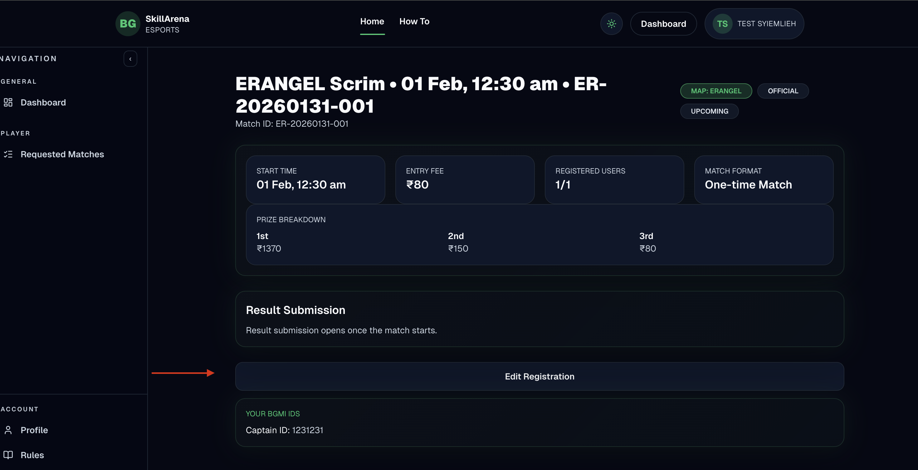 Match page showing the Edit Registration button.