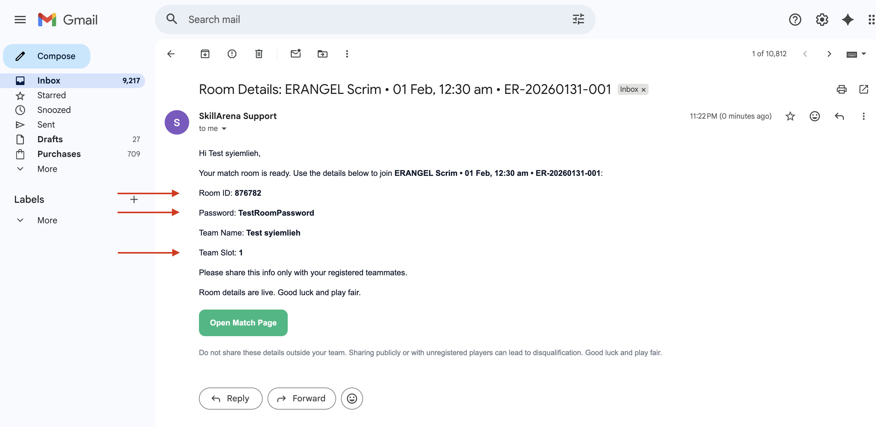 Email showing room ID and password details.