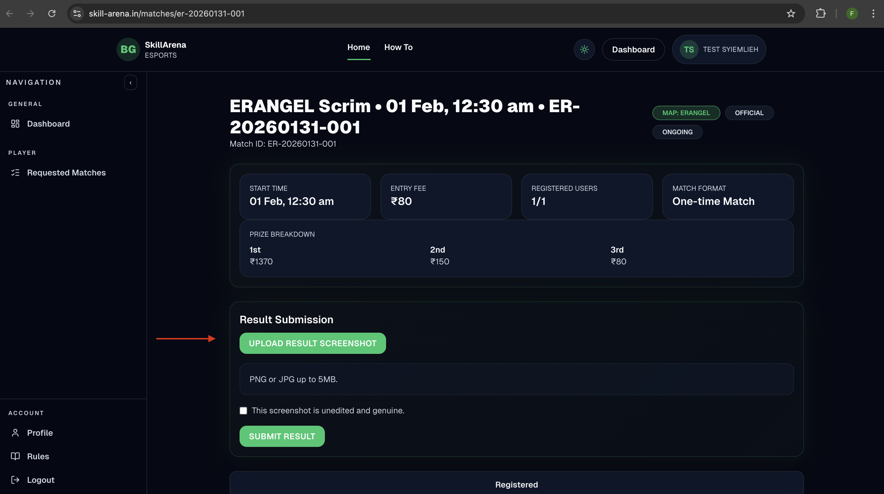 Result submission section with upload and submit buttons.