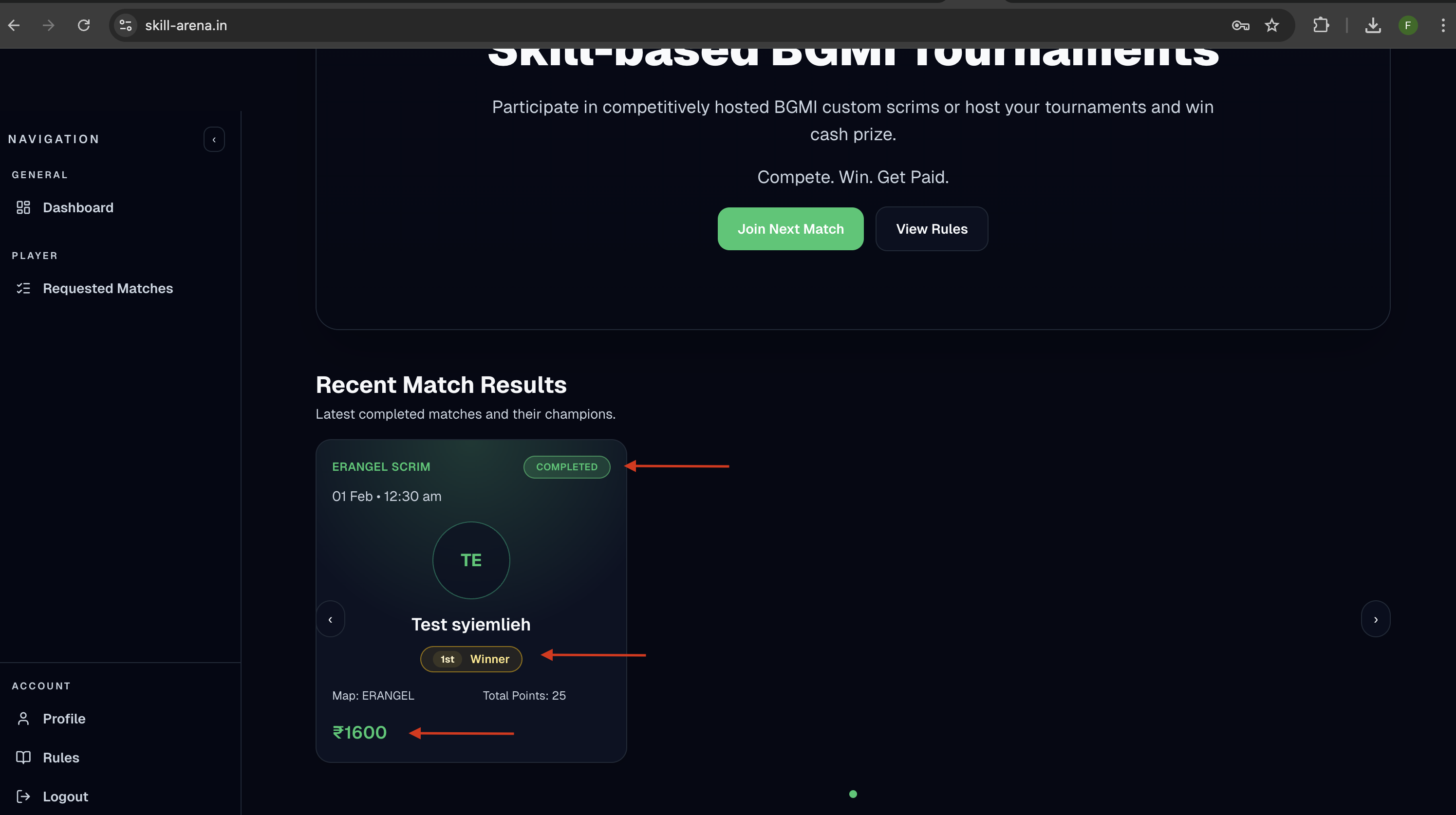 Recent match results card highlighting the winner tag.